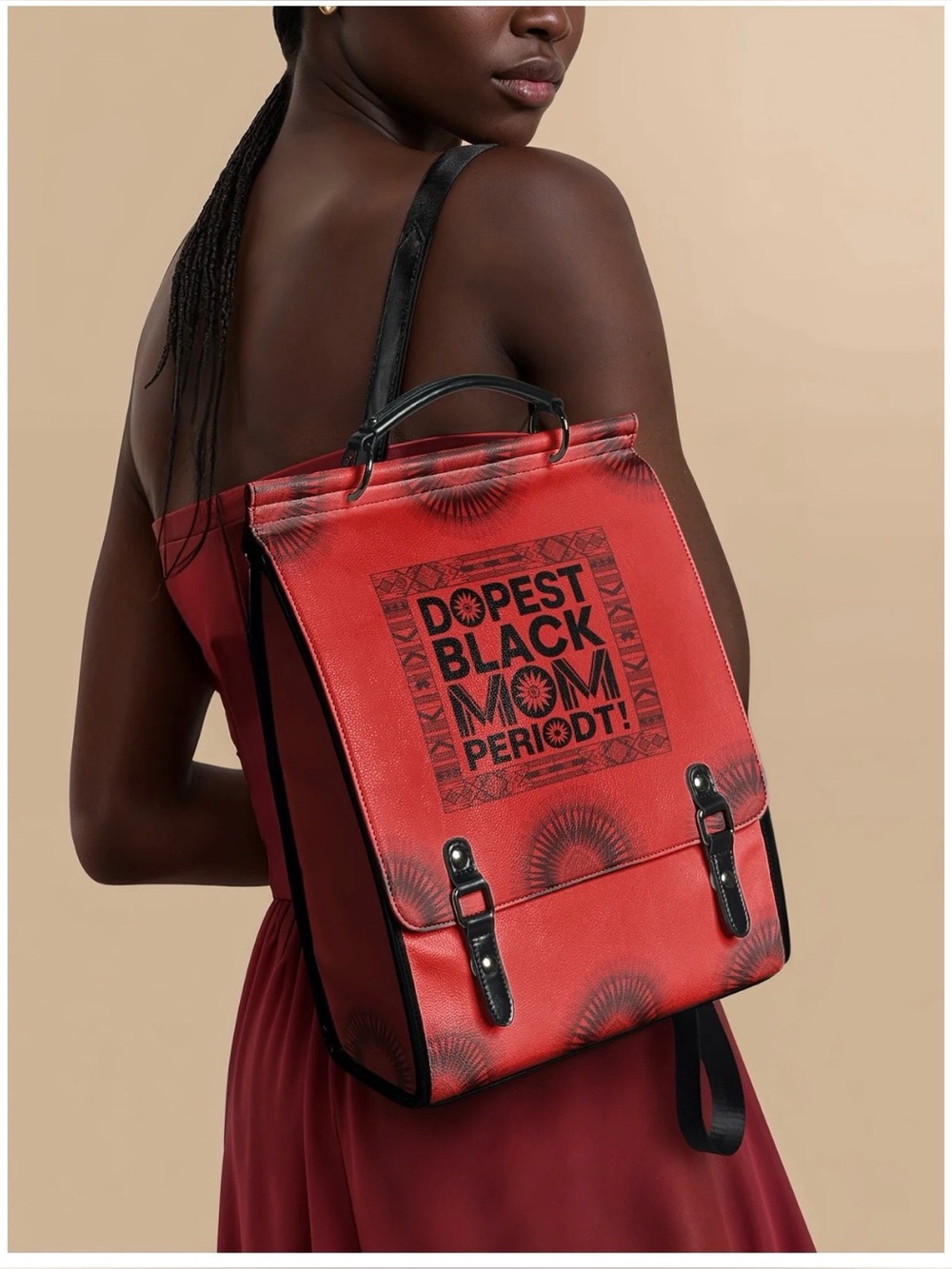 Afroyla "Dope Black Mom" leather backpack.